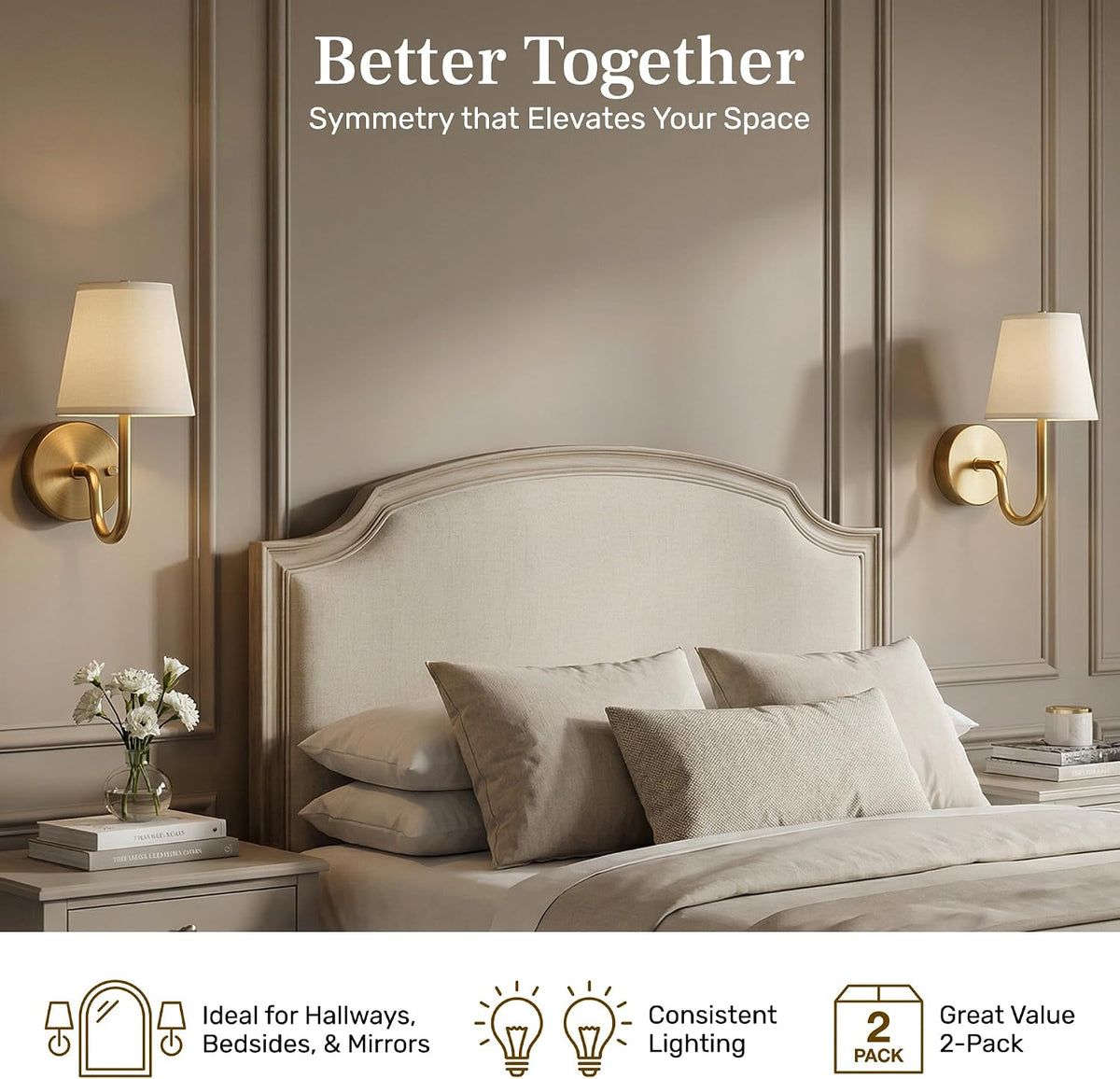 Bell+Howell 2 Pk Rechargeable Wall Sconces Set of Two - Gold