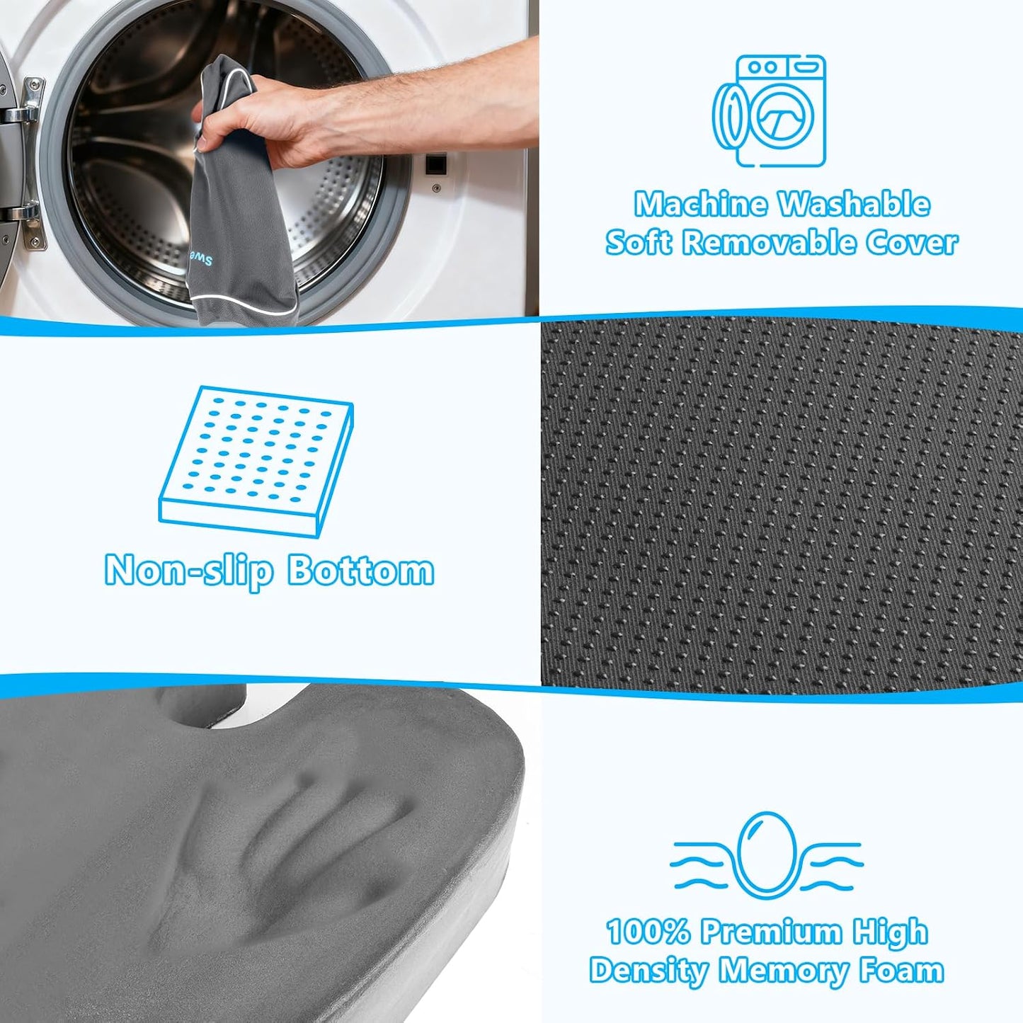 SweetSlubr Memory Foam Seat Cushion & Lumbar Support Pillow Set Black Large | U-shaped Cushion Design, Washable Mesh Cover, Adjustable Straps, Non-slip Base, Office Chair and Car Seat Use
