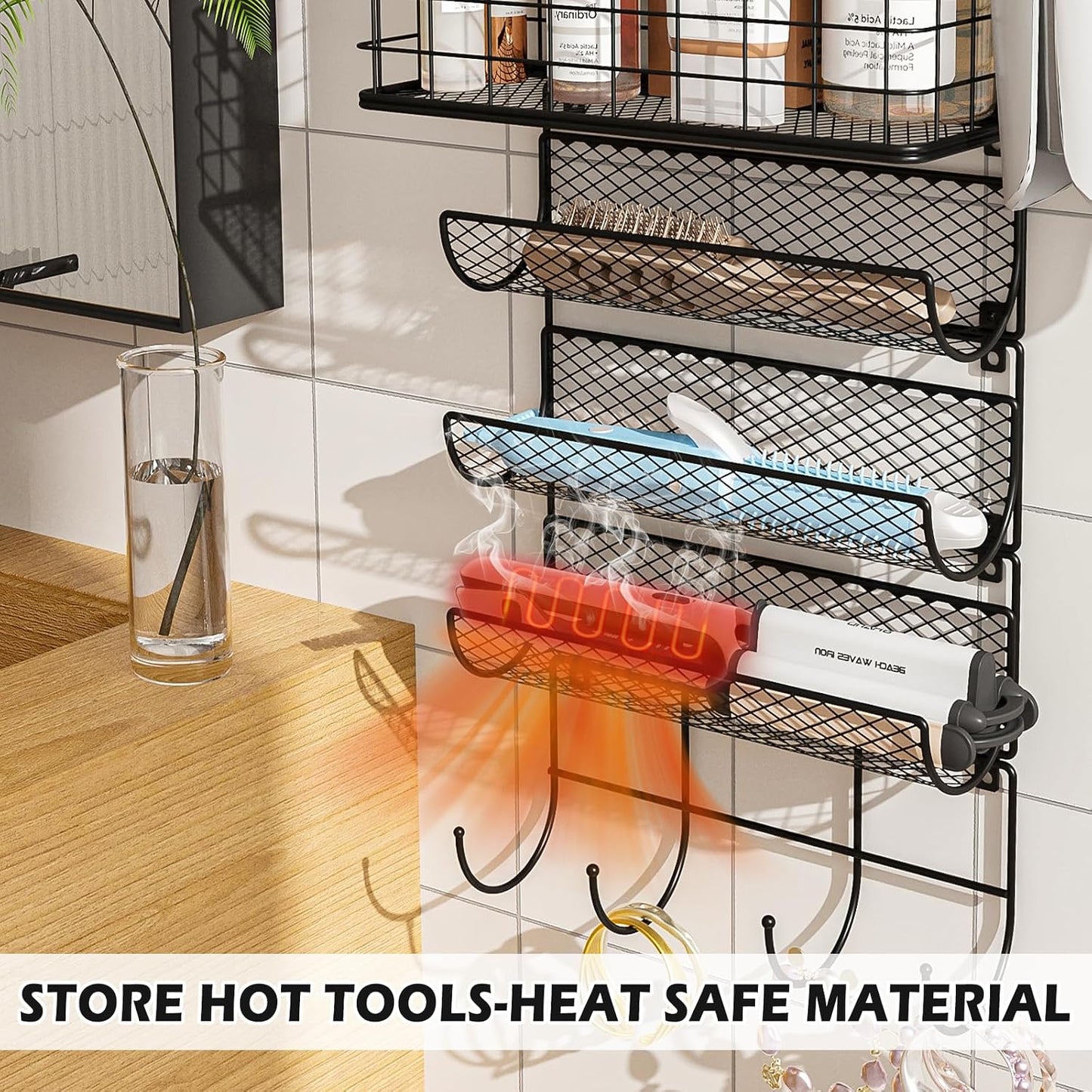 Wall-Mounted Hair Dryer Holder Styling Tool Organizer 4-Shelf Storage Wire Basket with Hook Heat Safe Rack for Hair-Straighteners,Curling Wands,Flat Iron,Cabinet Door Bathroom Kitchen White