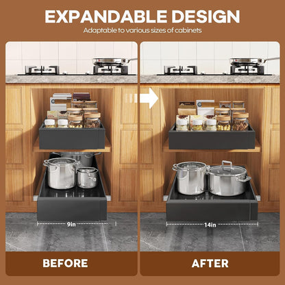 Seinloes 2Pack Expandable Pull Out Cabinet Organizer 21"Deep With Raising Pad for Framed Cabinets, Upgrade 3 Slide Rails Slide Out Drawers, Roll Out Shelves Adhesive,Adjustable Width 12.05"-20.4"White