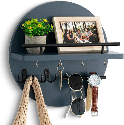Key Holder for Wall Decorative with Shelf and Hooks, Mail Organizer Wall Mount with Sunglasses Holder, Circular Design Entryway Key Rack Hanger, Rustic Home Decor Boho Wall Decor (White)
