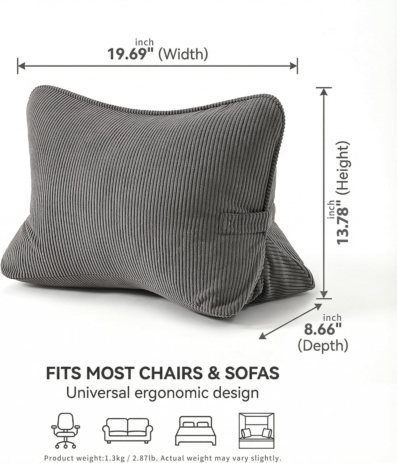 Pat. Pend. Corduroy Lumbar Support Back Pillow for Watching TV, Reading & Gaming, Ergonomic Triangle Support Cushion for Sofa, Armchair & Bed Sitting, Removable Washable Cover, Beige Gray
