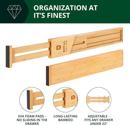 Bamboo Drawer Dividers Organizers, Adjustable Drawer Separator Splitters, 17–22 Inches Expandable Drawer Divider Organizer for Large Utensils, Kitchen, Bedroom, Dresser & Office Drawers 4-Pack