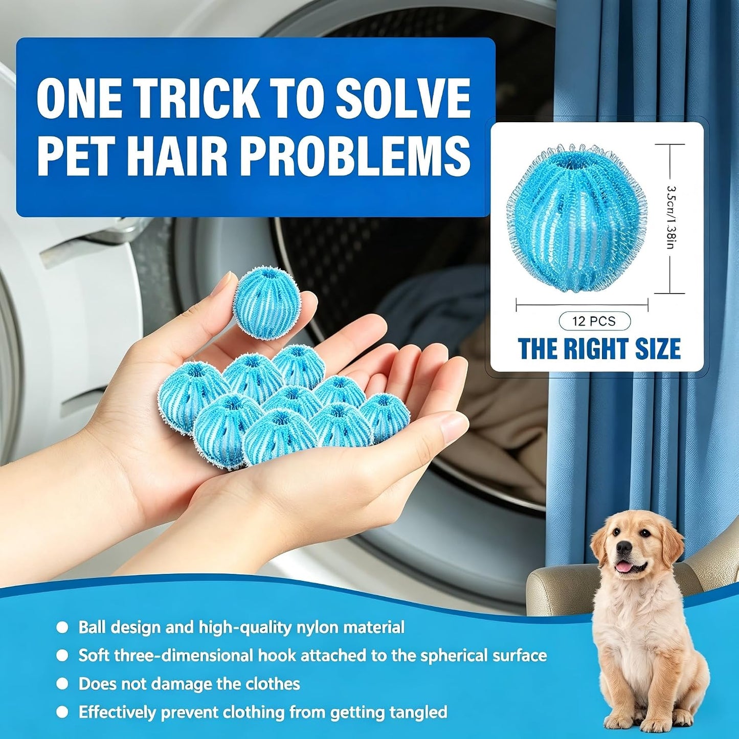 12Pcs Reusable Laundry Hair Remover Balls, Pet Hair Remover for Washing Machine, Effectively Cat Dog Fur Lint Catcher, Laundry Lint Remover Balls for Bedding, Clothes, Sofa Covers (Deep Blue)