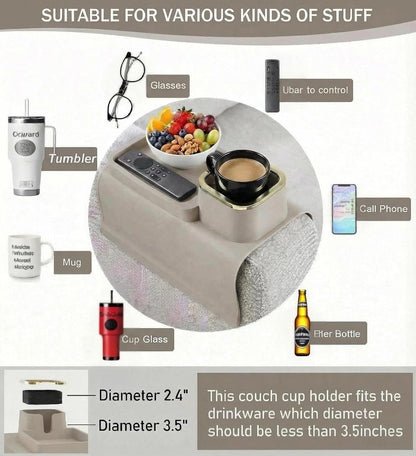 Luxury Gold Trim Couch Cup Holder Tray - Weighted Anti-Spill Navy Blue Silicone Sofa Armrest Organizer, Non-Slip Recliner Tray Table for Drinks, Remote, Phone - Fits Most Couch Arms