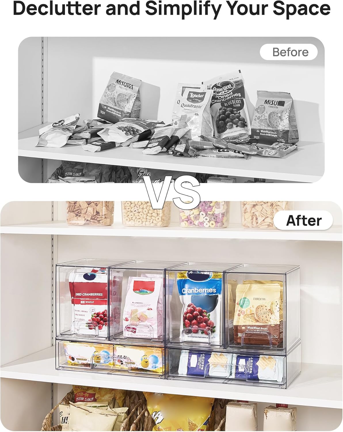 Vtopmart Clear Stackable Storage Drawers Set of 6, Plastic Organizer Bins | Multi-purpose Boxes for Bathroom Accessories Storage, Ideal for Cabinet, Shelf, Pantry, Laundry Room Organization