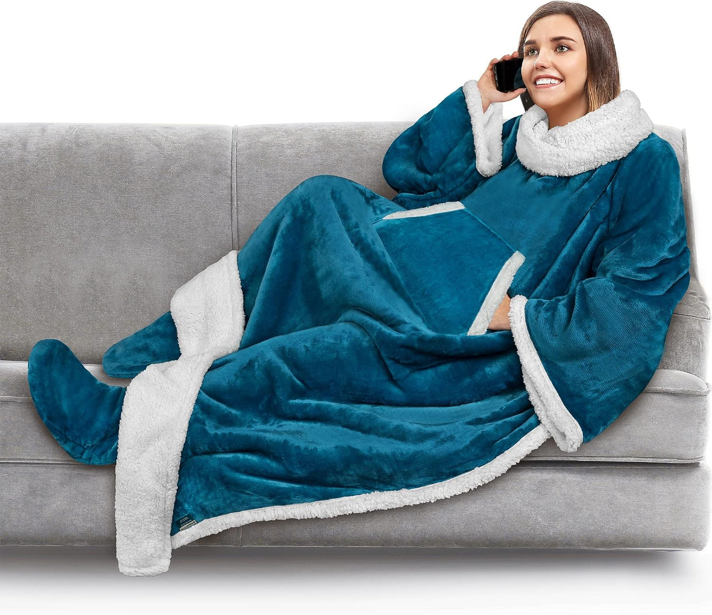 PAVILIA Fleece Blanket with Sleeves, Foot Pockets for Women Men Adults, Plush Wearable Blanket Throw Wrap, Warm Snuggle Blanket Robe, Cozy Gift Ideas Wife Mom, Dark Purple