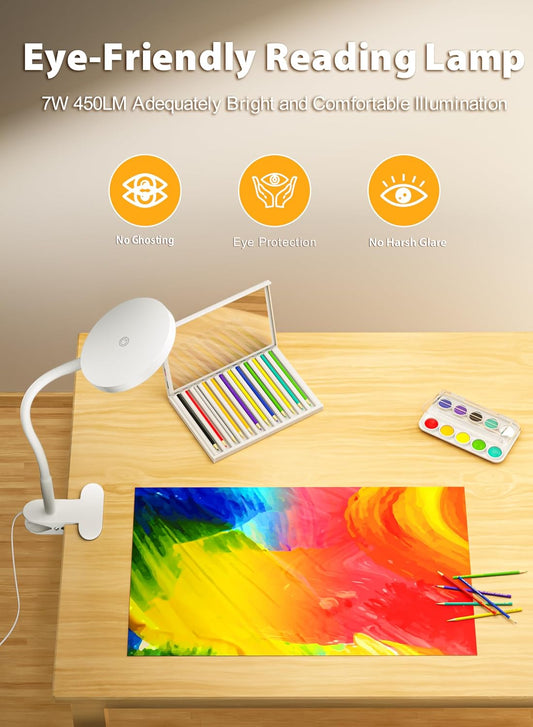 White Clip On Reading Light, 450LM Book Light, CRI95, 3 Modes Stepless Dim