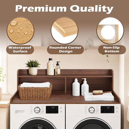 Royxen Laundry Countertop with 2-Tier Shelf Universal Fit, Washer and Dryer Countertop with Storage Space, Shelf Height 11.5 Inches, Solid Wood Core, Walnut