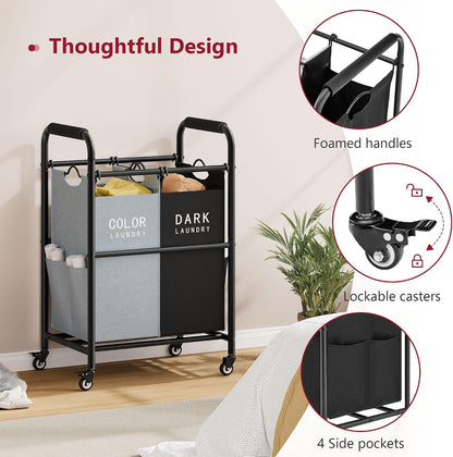 2 Bag Laundry Sorter Cart, Black & Grey | 50lbs Large Capacity, Removable Laundry Bags, Heavy Duty Lockable Rolling Wheels, Laundry Hamper Basket for Clothes Storage