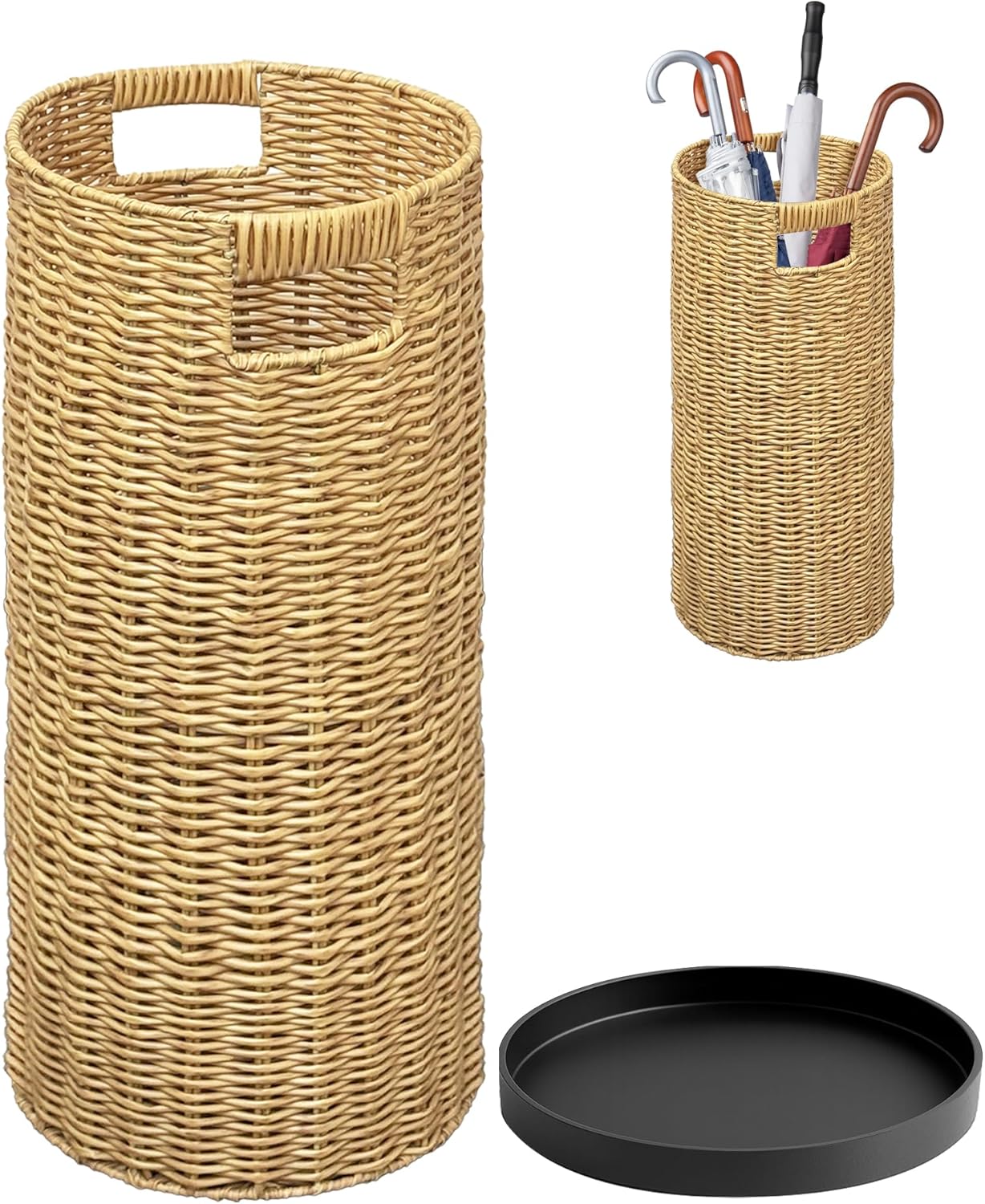 Rattan Umbrella Holder 21"H X 10"D, Handmade Wicker Umbrella Stand Indoor with Dip Tray, Sturdy Umbrella Holders for Entryway, Umbrella Bucket Fits Mudroom,Walking Canes,Home,Office (Brown)