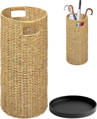 Rattan Umbrella Holder 21"H X 10"D, Handmade Wicker Umbrella Stand Indoor with Dip Tray, Sturdy Umbrella Holders for Entryway, Umbrella Bucket Fits Mudroom,Walking Canes,Home,Office (Brown)
