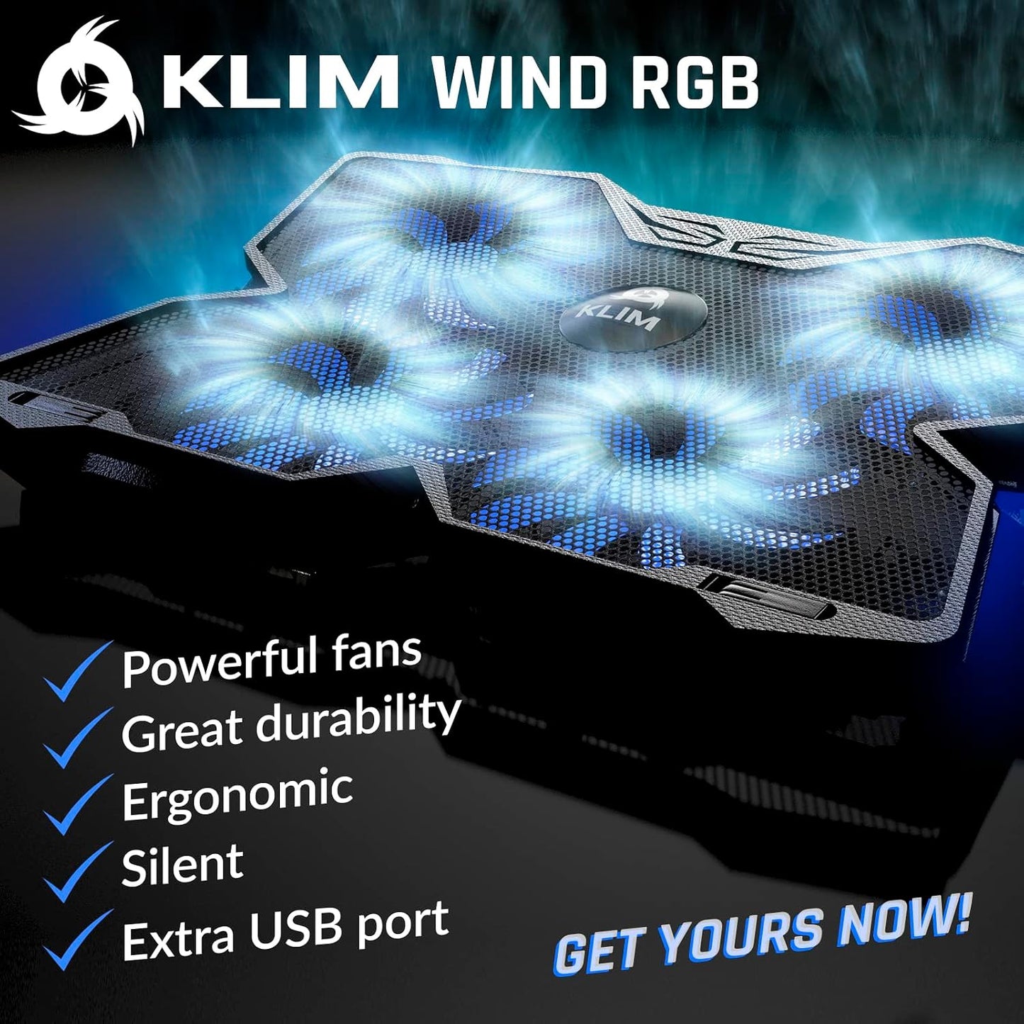 KLIM Wind Laptop Cooling Pad - More Than 500 000 Units Sold - New Version - The Most Powerful Rapid Action Cooling Fan - Laptop Stand with 4 Cooling Fans at 1200 RPM - USB Fan - PS5 PS4 - RGB