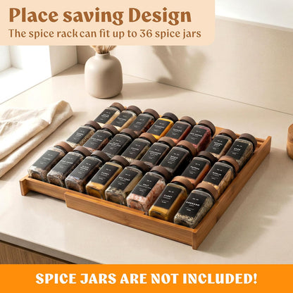 Bamboo Spice Drawer Organizer - Expandable 4 Tier Spice Rack (Need 3" Deep Drawer) 12" to 24" Wide, Seasoning Organizer, Organization Seasoning Rack insert (Jars Not Included)