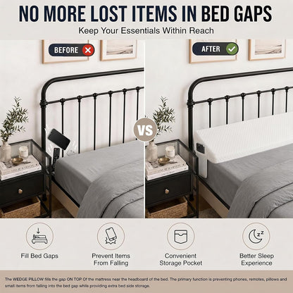Twin Bed Wedge Pillow for Headboard Gap/Bed Gap Filler Black | Long Triangle Corner Pillows with Pockets,Dense Foam,Pillow Prevents Stuff Drops, Between Twin Mattress and Frames Home Decor