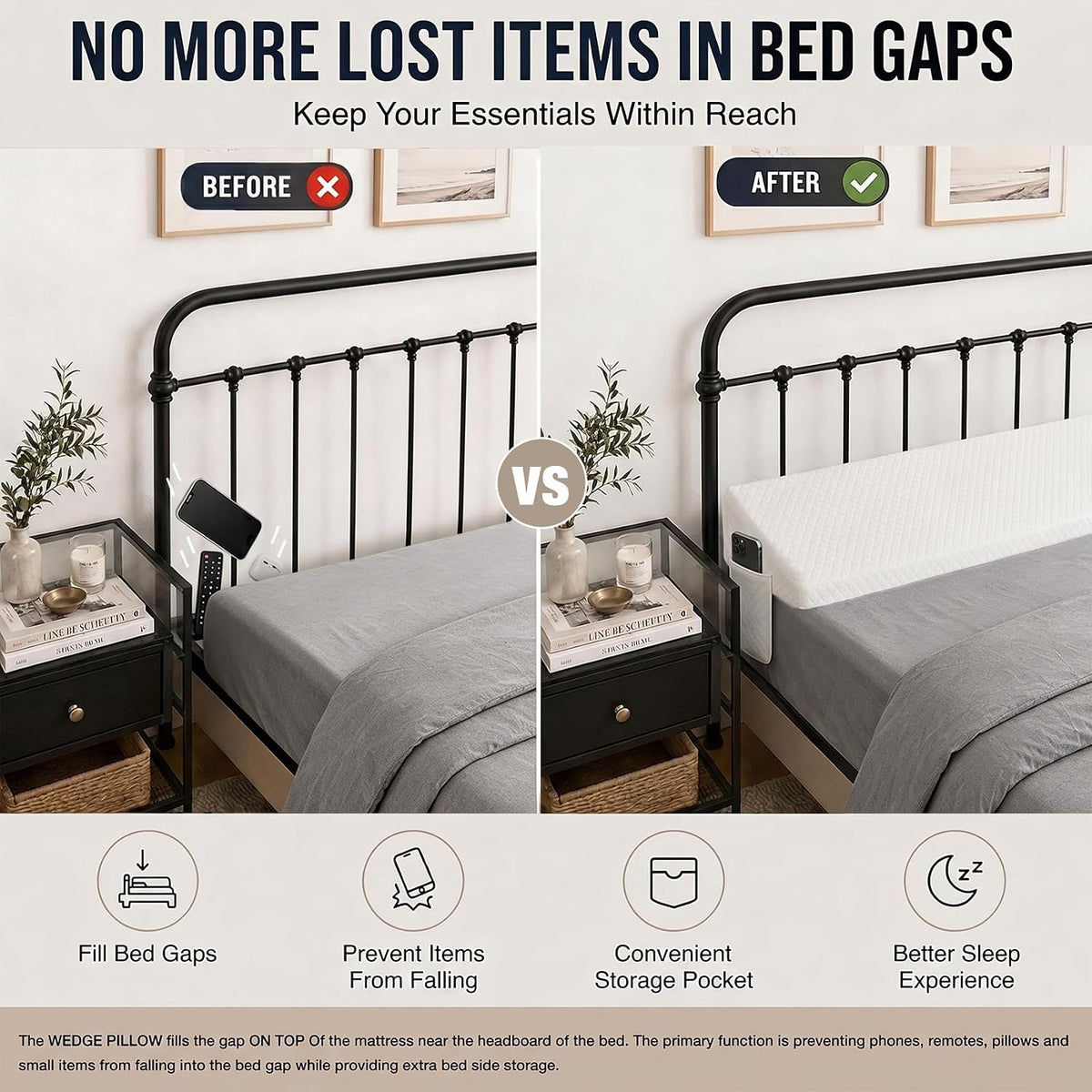 Twin Bed Wedge Pillow for Headboard Gap/Bed Gap Filler Black