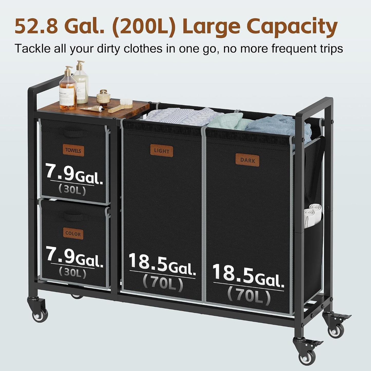 Hoctieon 4 Section Laundry Cart, 52.8 Gal. (200L) Laundry Hamper with Lid, Laundry Basket with Wheels, Rolling Laundry Sorter Organizer with Shelf, Clothes Separator with Removable Bags, Black
