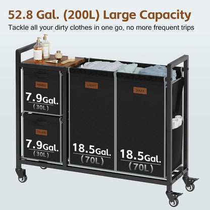 Hoctieon 4 Section Laundry Cart, 52.8 Gal. (200L) Laundry Hamper with Lid, Laundry Basket with Wheels, Rolling Laundry Sorter Organizer with Shelf, Clothes Separator with Removable Bags, Black