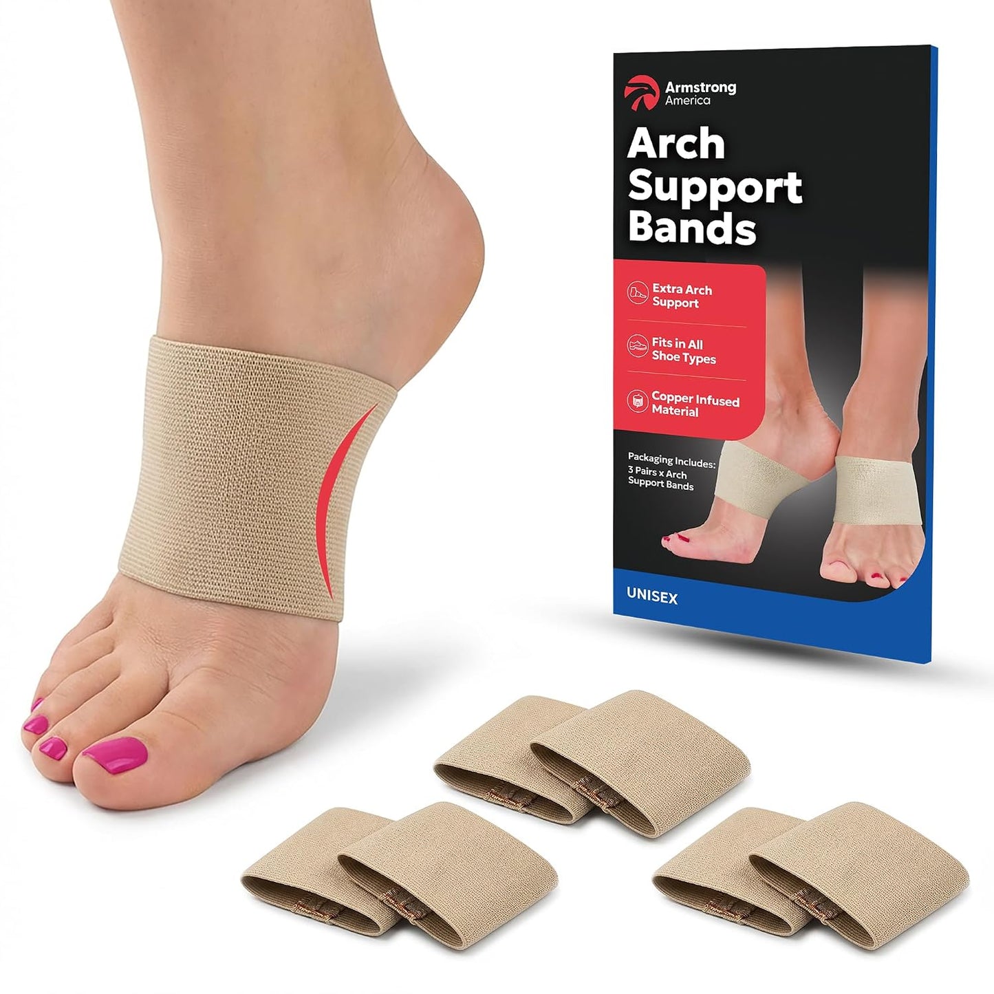 Arch Supports for Plantar Fasciitis Relief - Compression Sleeve & Foot Brace For Heel Pain, Bone Spurs, Flat Feet, High Arches - Copper Infused Arch Support Bands for Women & Men Over Socks - One Size - Beige - 3-PACK