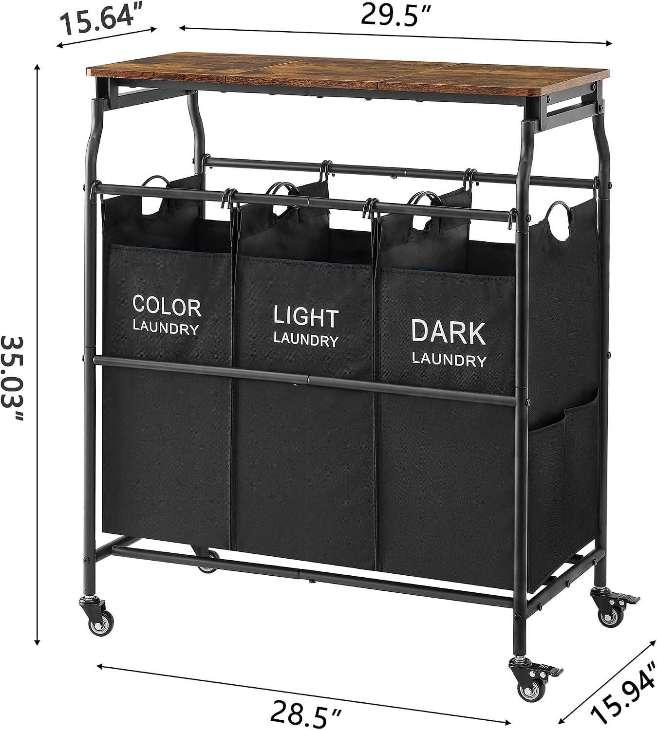Hoctieon 3 Section Laundry Sorter with Iorning Board, Laundry Hamper, Black | Lockable Wheels, Laundry Basket Organizer with Wheels, Heavy Duty Clothes Organizer, Large Clothes Separator, Removable Bags