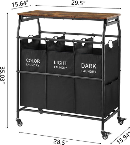 Hoctieon 3 Section Laundry Sorter with Iorning Board, Laundry Hamper, Black | Lockable Wheels, Laundry Basket Organizer with Wheels, Heavy Duty Clothes Organizer, Large Clothes Separator, Removable Bags