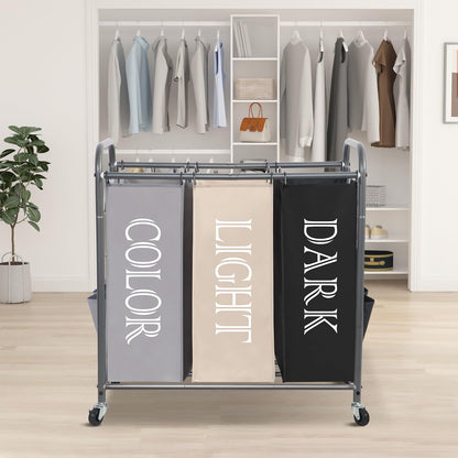 STORAGE MANIAC 3 Section Laundry Sorter, 35.6 Gal (135 L) Laundry Hamper Cart with Heavy Duty Rolling Lockable Wheels and Removable Bags, Clothes Organizer Basket Separator Hamper, Gray
