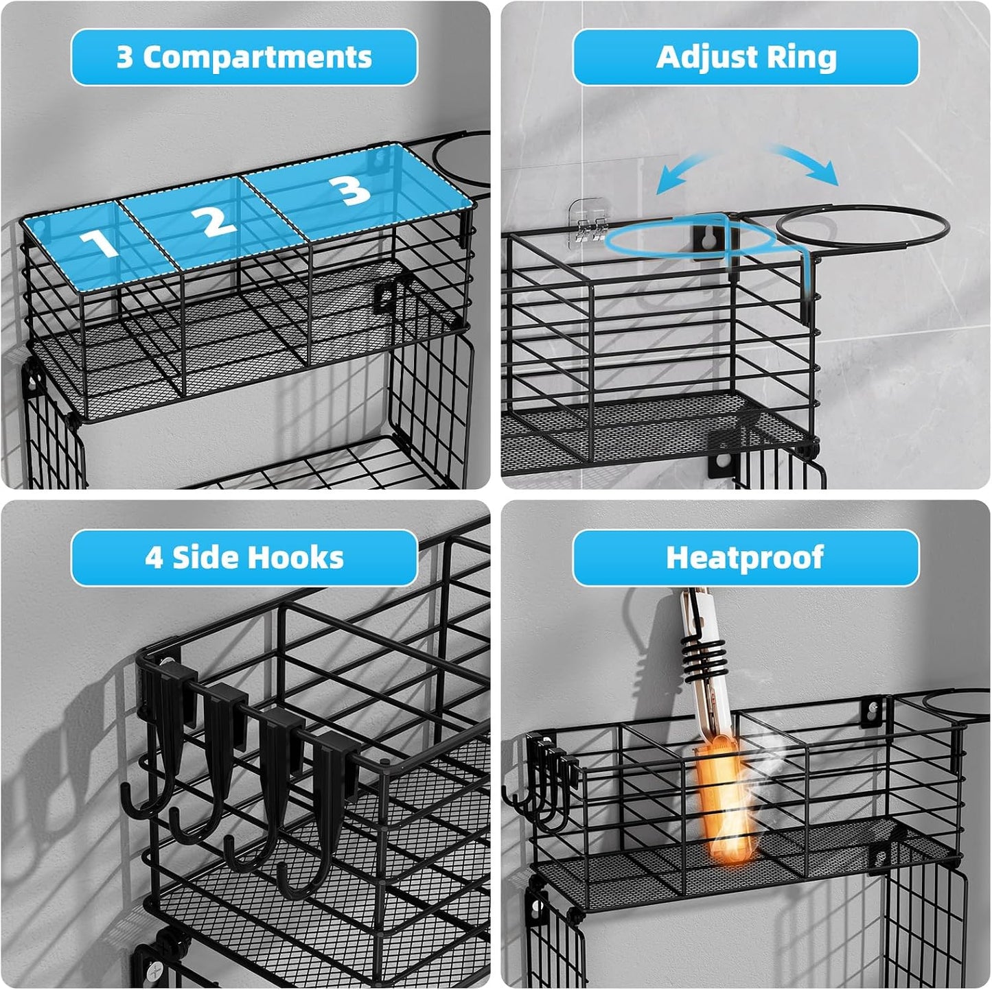 3 Tier Hair Tool Organizer Wall Mount, curling iron holder Basket, Black | Metal Mesh, Hair Dryer Holder, Bathroom Hair Styling Tool Organizer, Blow Dryer Holder, Hair Straightener Organizer