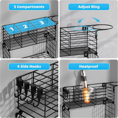 3 Tier Hair Tool Organizer Wall Mount, curling iron holder Basket, Black | Metal Mesh, Hair Dryer Holder, Bathroom Hair Styling Tool Organizer, Blow Dryer Holder, Hair Straightener Organizer