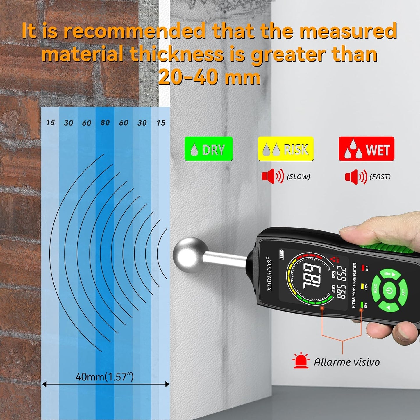 RDINSCOS Pinless Moisture Meter for Wood & Wall | Digital Moisture Detector, Flooding Detection, High Humidity Detection, For Walls, Floor, Masonry