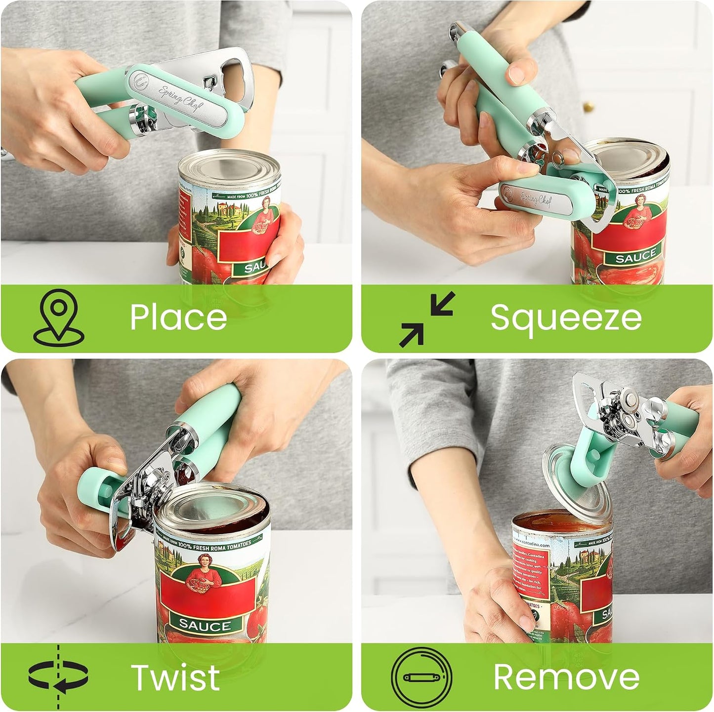Spring Chef Stainless Steel Manual Can Opener with Soft Grip Handles, Black | Heavy Duty Hand Can Opener for Seniors with Smooth Edge, Easy Turn, 3in1 Can Opener with Magnetic Lid Remover & Bottle Opener