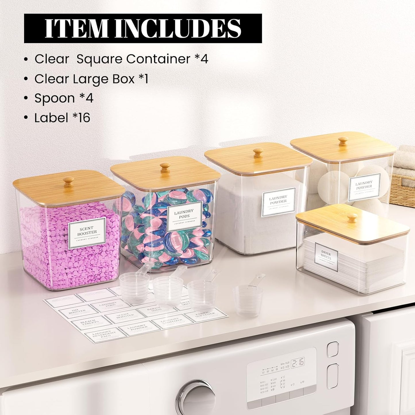 HomePekite Laundry Pods Storage Container, Clear Laundry Room Organization and Storage ,Detergent Powder Container,with Wooden Lids & Labels, 3+1 Pack