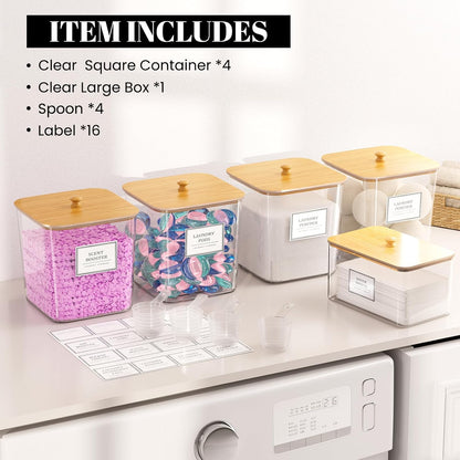 HomePekite Laundry Pods Storage Container, Clear Laundry Room Organization and Storage ,Detergent Powder Container,with Wooden Lids & Labels, 3+1 Pack
