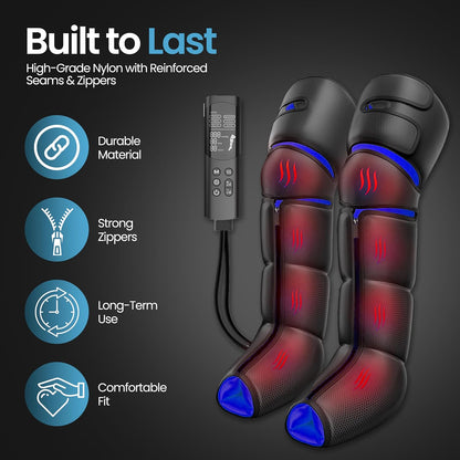 Leg Massager with Heat for Feet, Calves & Thighs, Air Compression | Handheld controller, 9 intensities, 6 modes, 3 heat levels; feet, calves & thighs, circulation & pain relief, USA Owned
