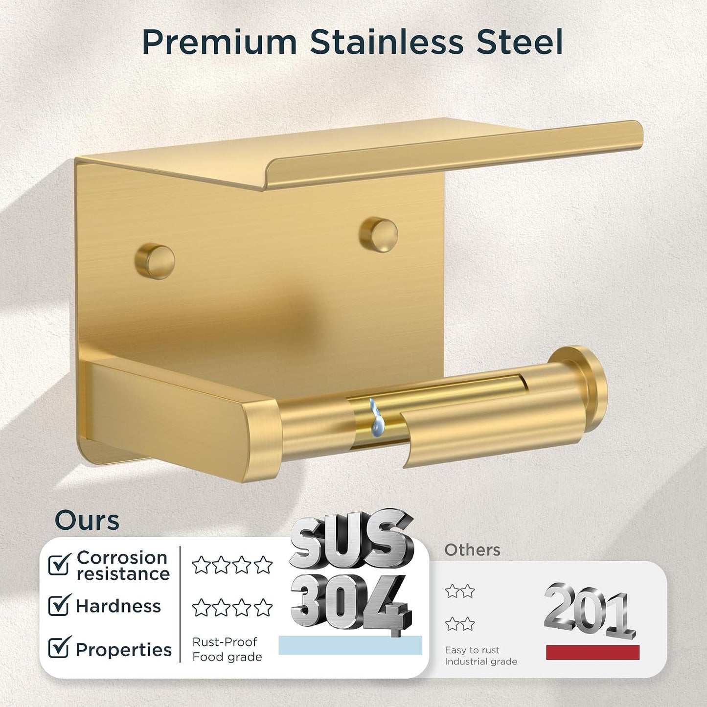 FORIOUS Toilet Paper Holder with Shelf, Adhesive or Screw, Commercial | Brushed Nickel | Wall Mount Bathroom Tissue Holder | SUS304 Stainless Steel Rustproof | Bathroom Tissue Roll Holder