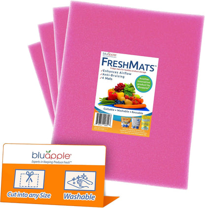Bluapple FreshMats - Refrigerator Bin Liners, Fridge Drawer Mats - Keeps Produce Fresh Longer, Prevents Bruising, Promotes Air Circulation - BPA-Free Polyurethane Foam - (4-Piece Set, 12"x15", Green)