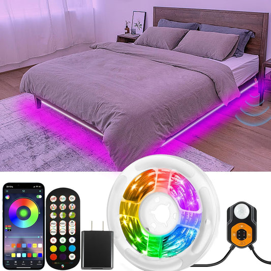Motion Sensor LED Light Strip 19.68ft Under Bed Lights, RGB 3 Mode Motion Activated Bed Light with Music Sync and Timer, Dimmable Color Changing LED Lights Father Day Gifts