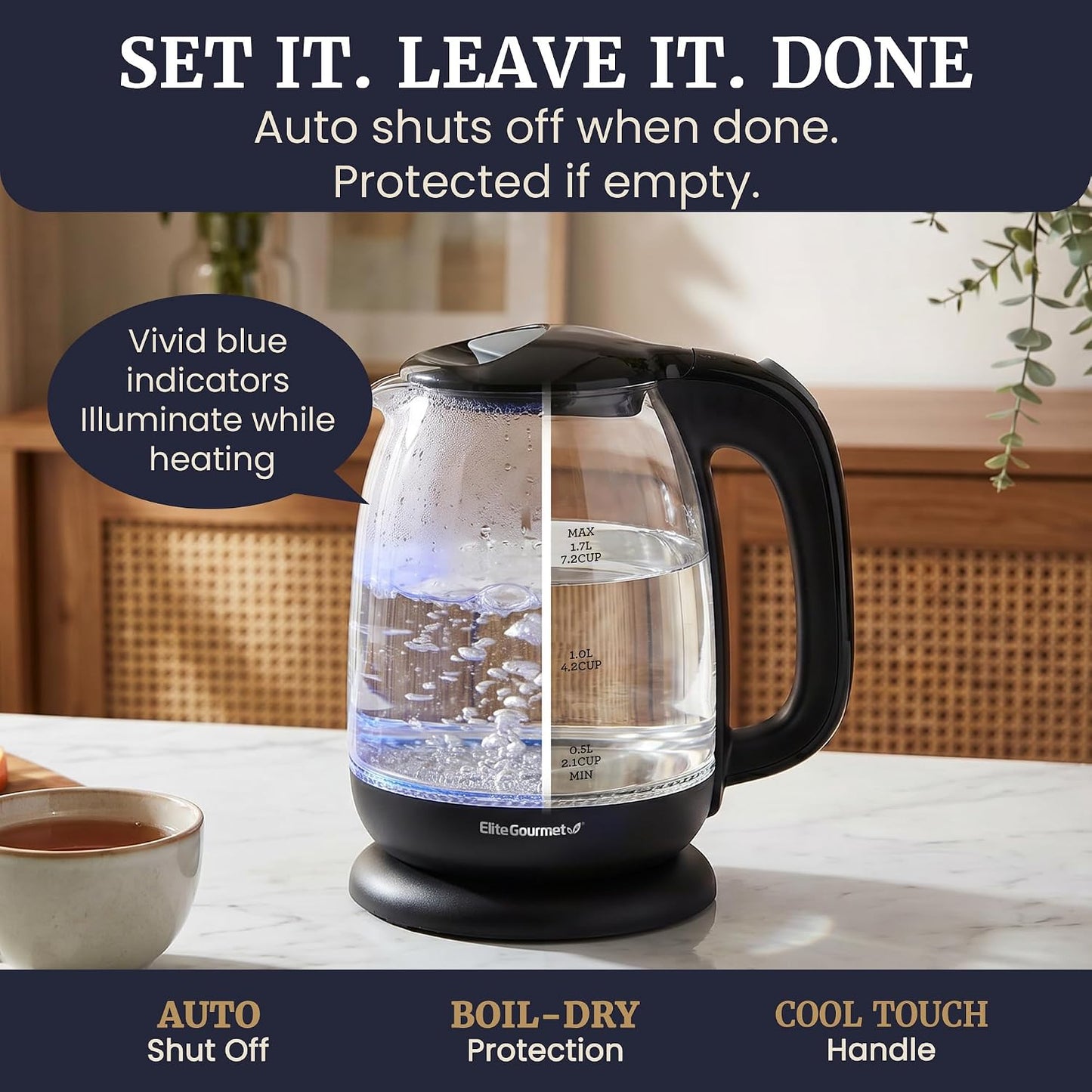 Elite Gourmet EKT1792M 1.7L Glass Kettle, Blue LED, Rapid Boil, 7.2 Cups | Auto Shut-Off, Boil-Dry Protection, 360° Cordless Base, Hot Water for Tea, Coffee & Oatmeal