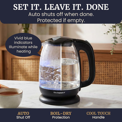 Elite Gourmet EKT1792M 1.7L Glass Kettle, Blue LED, Rapid Boil, 7.2 Cups | Auto Shut-Off, Boil-Dry Protection, 360° Cordless Base, Hot Water for Tea, Coffee & Oatmeal
