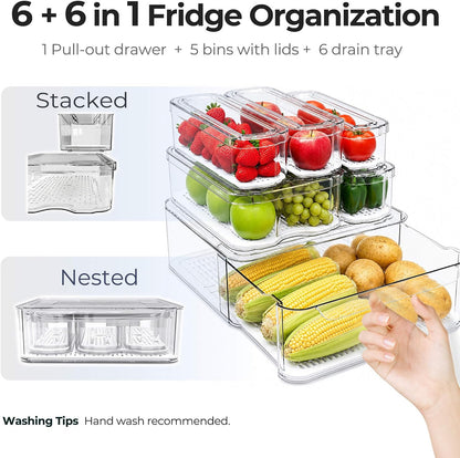 SMRCAD Clear Fridge Bins with Drain Trays - BPA-Free PET, Stackable(6 Pack) | 6 Pack: 1 Drawer + 5 lidded Bins, Helps Keep Produce Fresh, 16.3L Capacity, Hand Wash Only