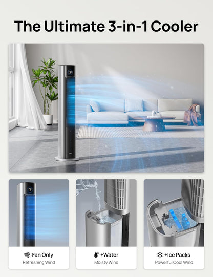 DREO Tower Fan for Bedroom, 43" Cooling Fans That Blow Cold Air 2025 Upgraded, Evaporative Air Cooler, Quiet 85° Oscillating Floor Fan, Easy Cleaning, APP Control, 4 Modes & 4 Speeds, Ink Black