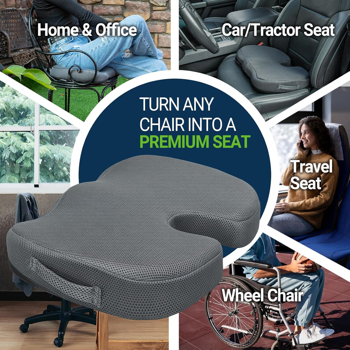 Season Guard Gel Memory Foam Seat Cushion for Tailbone Pain Relief, Black