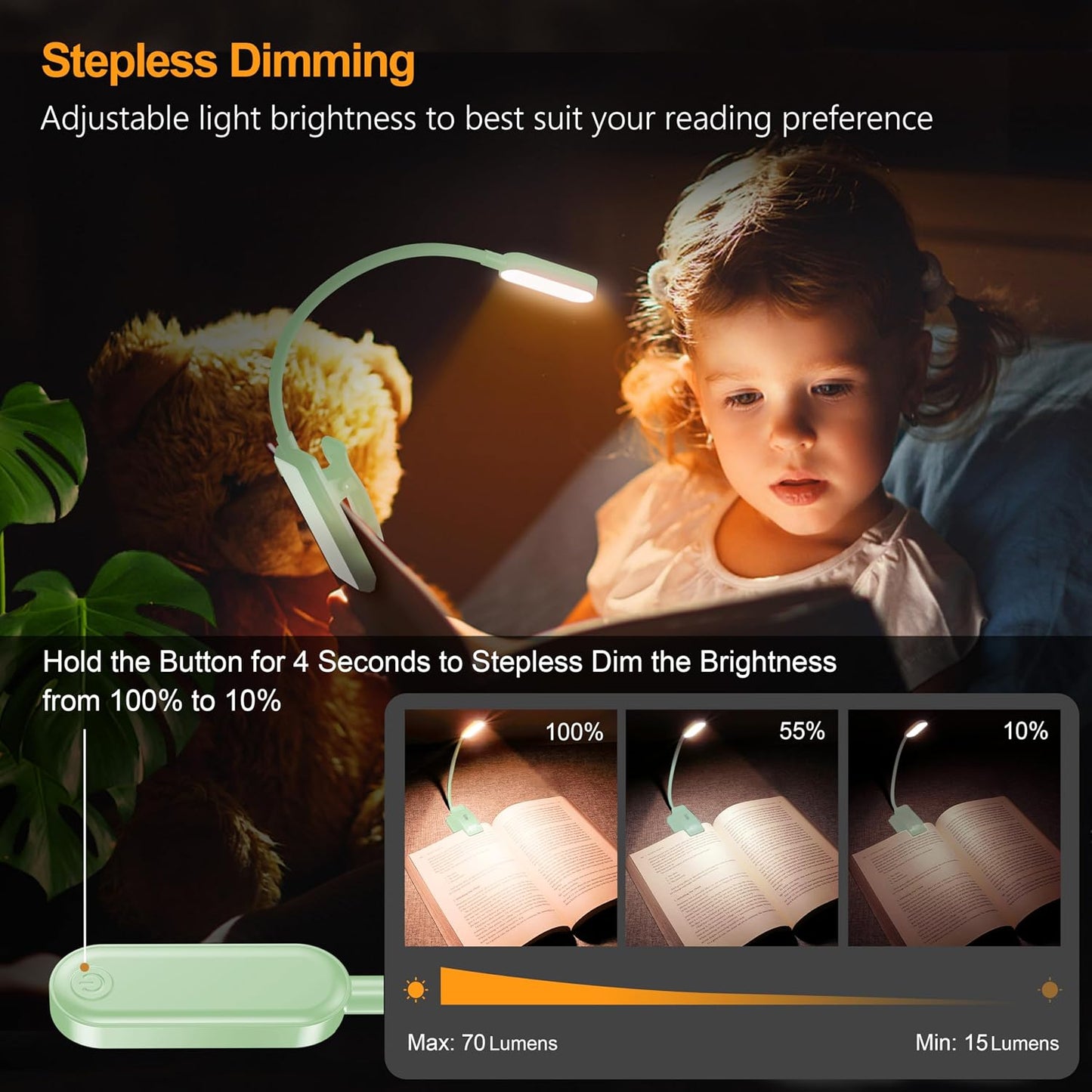Gritin 16 LED Rechargeable Book Light for Reading in Bed | Eye Caring 3 Color Temperatures,Stepless Dimming Brightness,80 Hrs Runtime,Lightweight Flexible Clip on Light for Book Lovers