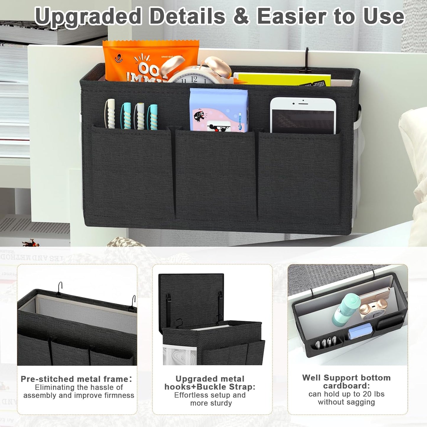 Bedside Caddy Bedside Storage Hanging Organizer for Bunk Dorm Bed Rail | Bed Caddy with Hooks, Top Bunks and Dorm Essentials for Water, Tissues, Tablets, Books, Phones, Remotes and Other Necessories