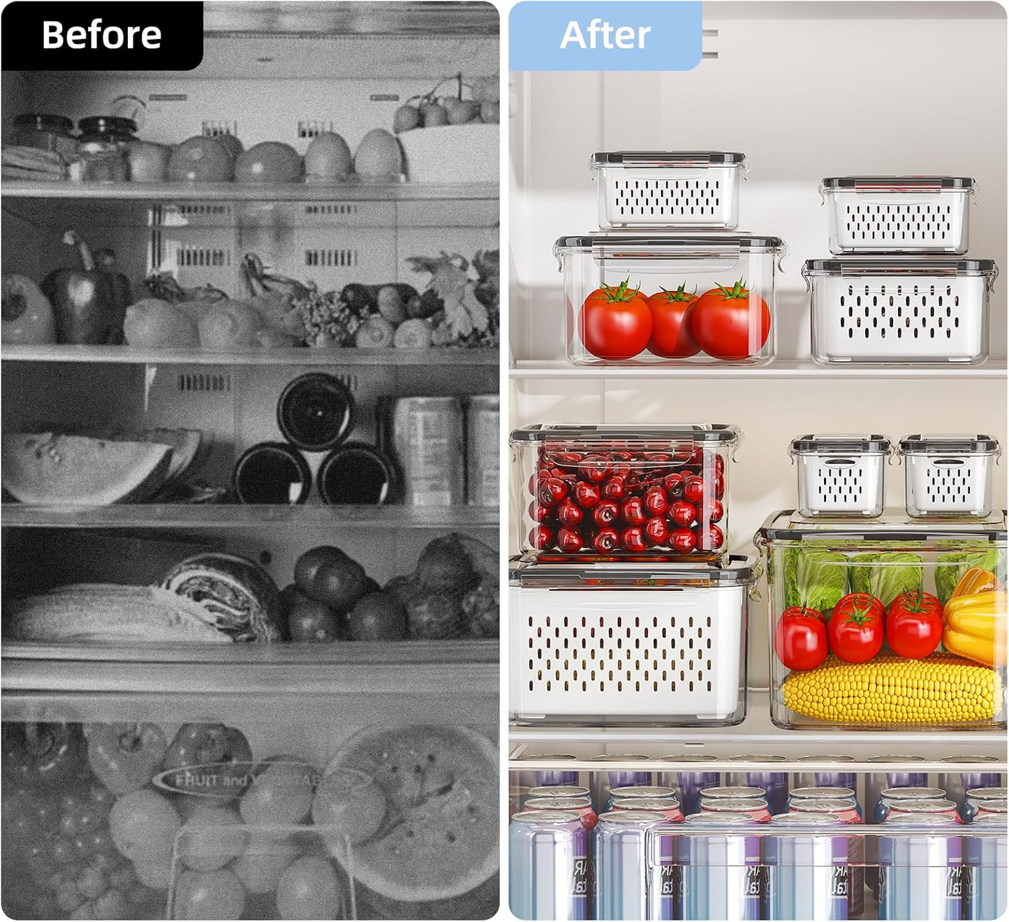 Fruit Storage Container for Fridge with Removable Colander, 6 Pack | Leakproof Produce Containers for Fridge, Airtight Food Storage Container, Keep Fruit, Veggies, Berry, Salad Fresh Longer