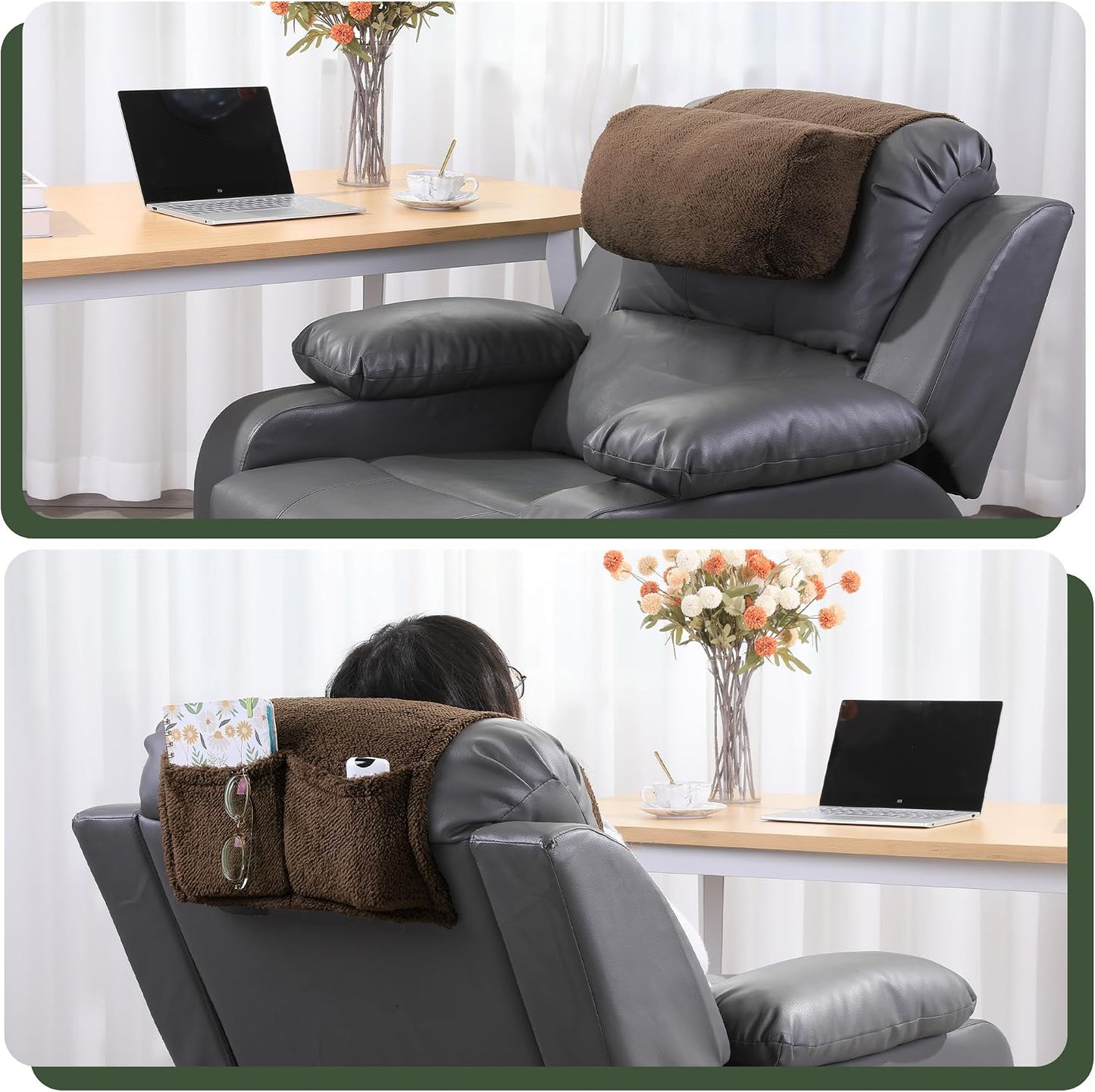 Sherpa Head Recliner Pillow with Pocket,Headrest Neck Cushion for Neck Support and Pain Relief,Recliner Head Pillow for Side Sleeping at Home, Office or Traveling(Brown)