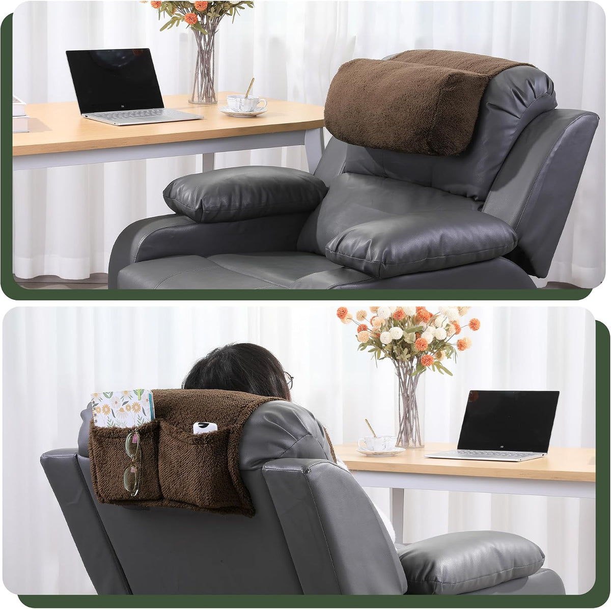 BALAPET Sherpa Head Recliner Pillow with Pocket,Headrest Neck Cushion for Neck Support and Pain Relief,Recliner Head Pillow for Side Sleeping at Home, Office or Traveling(Brown)