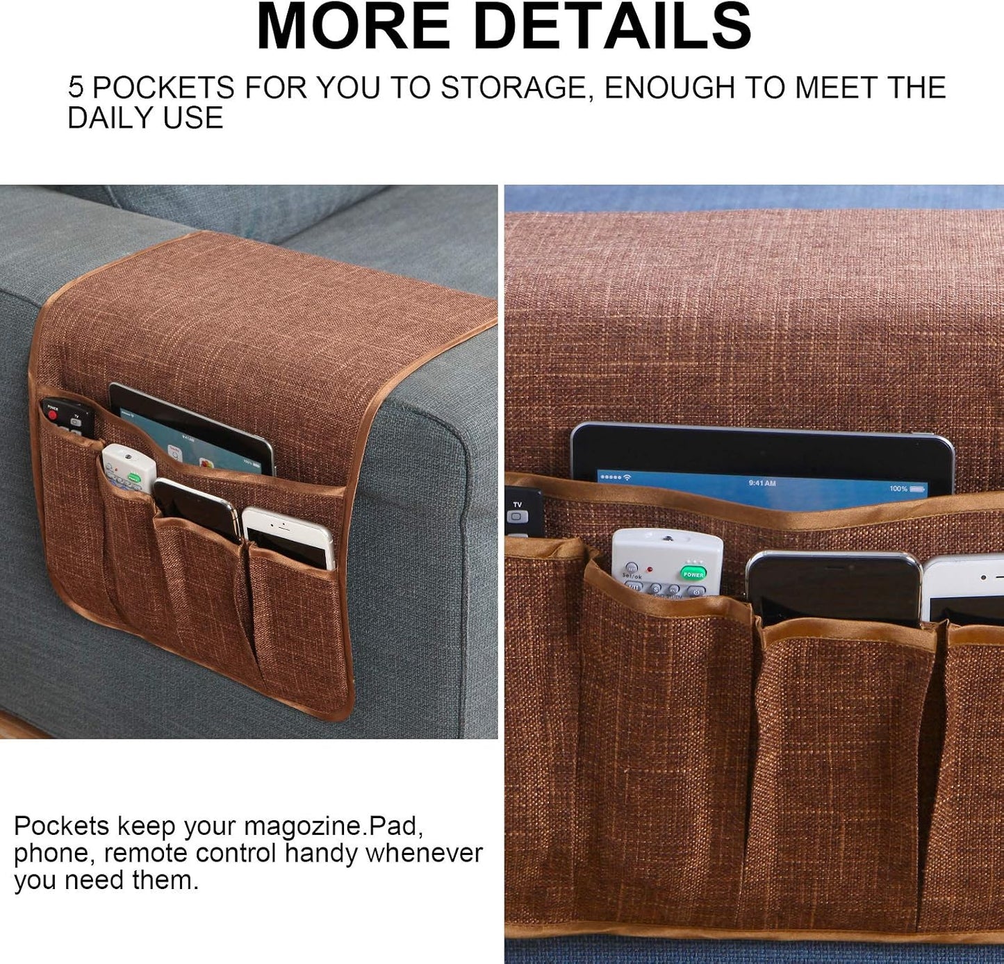 Sofa Armrest Organizer Non-Slip Remote Control Holders for Recliner Couch Chair Armchair Caddy with 5 Pockets for Table,Cell Phone,Ipad,Magazines,Books (Black, 13 x 35 Inch)