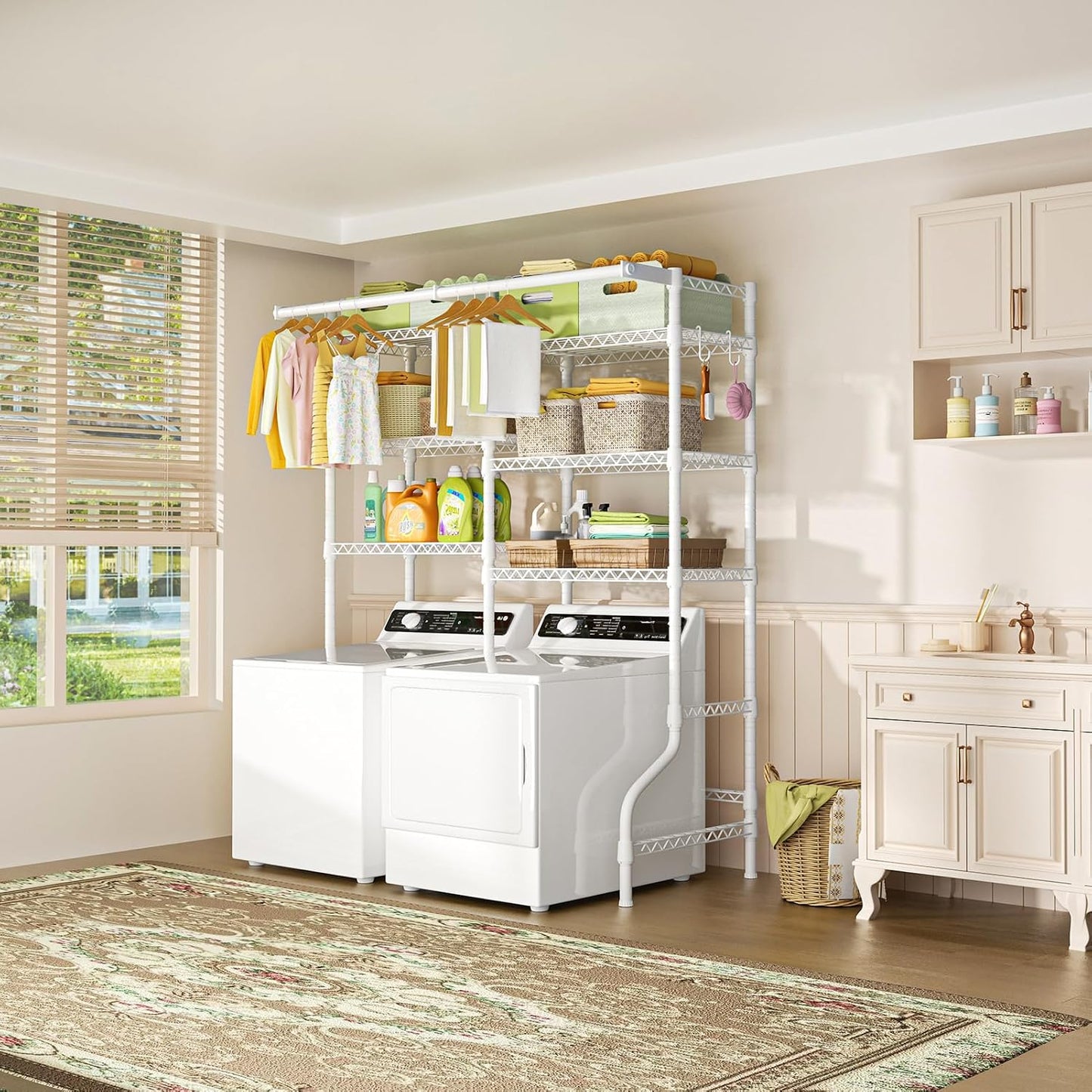 U13 Medium Over Washer and Dryer Storage Shelves, 6 Tiers Laundry Rack | Metal Clothes Drying Rack Space Saver with 2 Hanger Rods and Hooks, Laundry Room Standing Shelf Above Washer Dryer, White