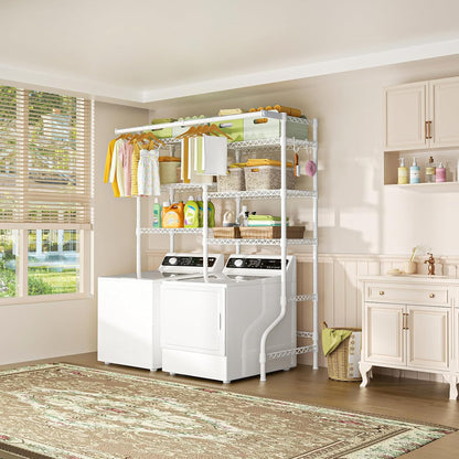 U13 Medium Over Washer and Dryer Storage Shelves, 6 Tiers Laundry Rack | Metal Clothes Drying Rack Space Saver with 2 Hanger Rods and Hooks, Laundry Room Standing Shelf Above Washer Dryer, White