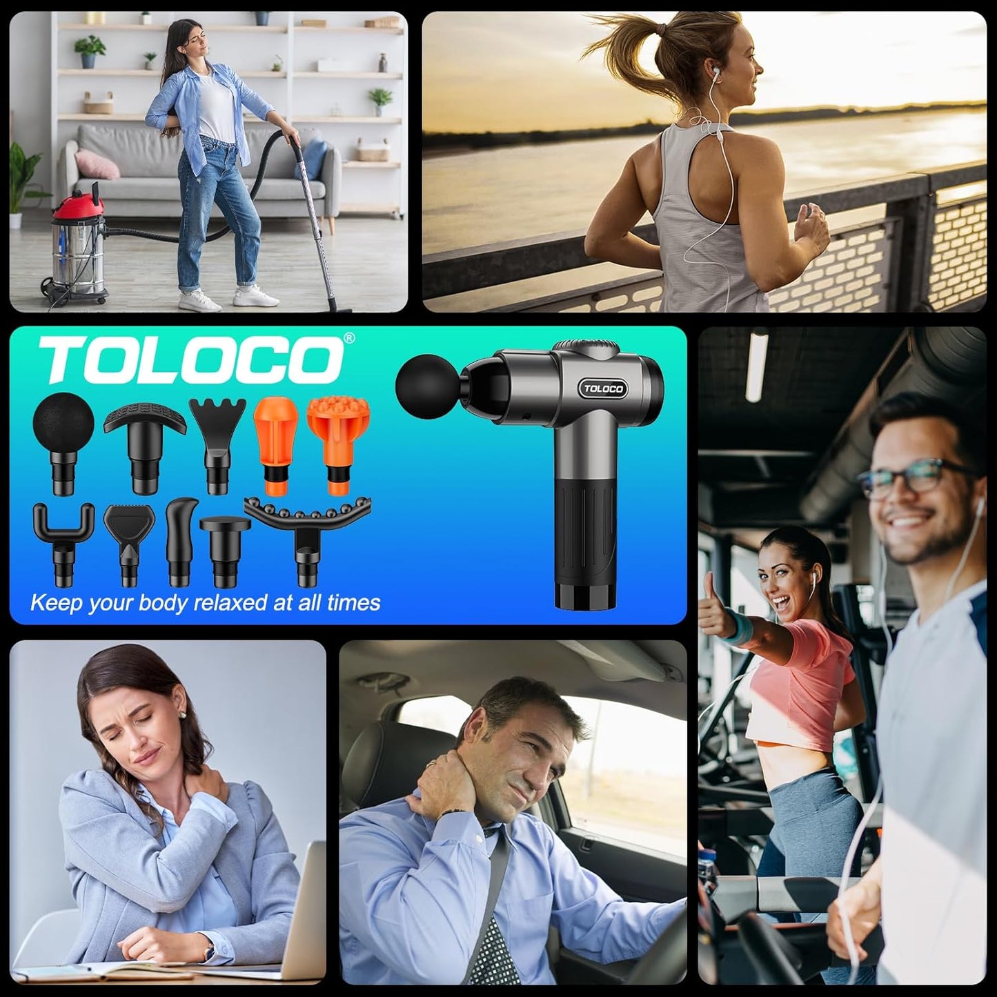 TOLOCO Massage Gun, Deep Tissue Back Massage for Athletes for Pain Relief, Percussion Massager with 10 Massages Heads & Silent Brushless Motor, Relaxation Gifts for Men Women, Black